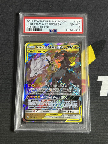 #157 Reshiram & Zekrom GX PSA 8
